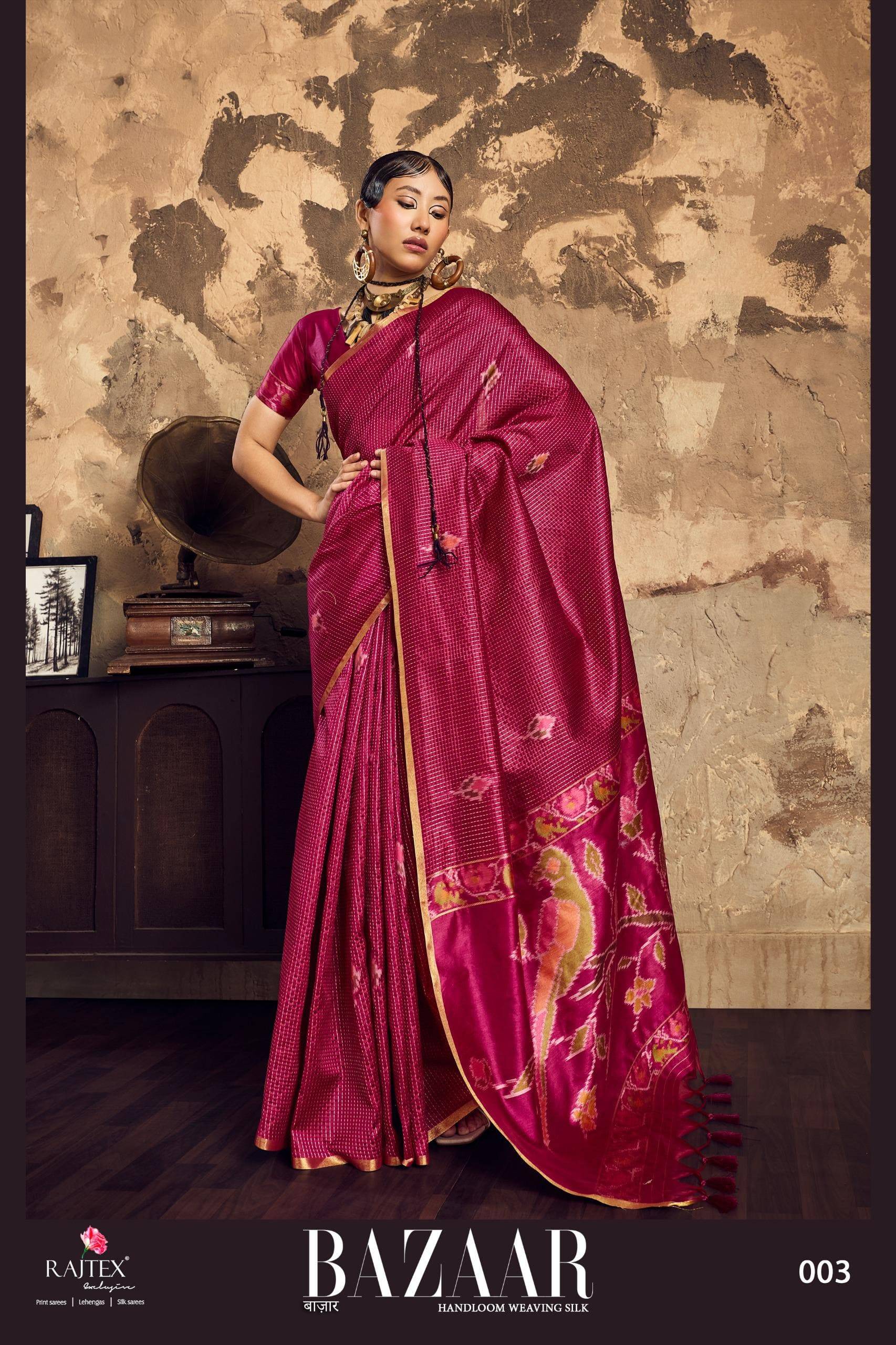 BAZAAR BY RAJ TEX 001 to 006 Series Indian Traditional Wear Collection Beautiful Stylish Fancy Colorful Party Wear & Occasional Wear Satin Crepe Sarees At Wholesale Price